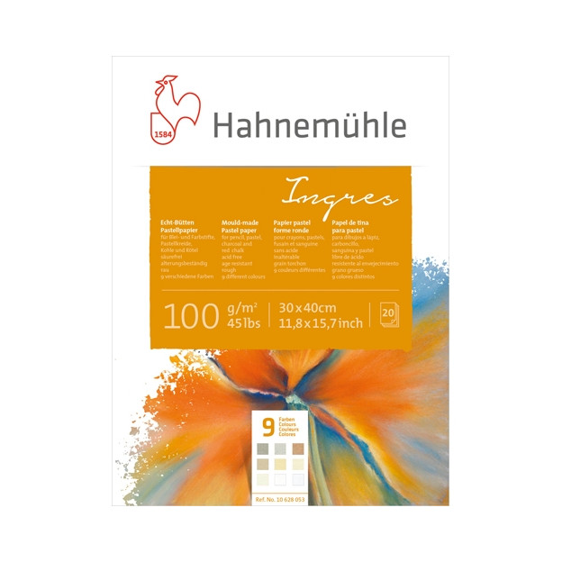 Bloc de 20 feuilles de <STRONG>papier Ingres Hahnemühle</STRONG> 100 g/m² blanc naturel fabriqué à la cuve, sans acide, avec une