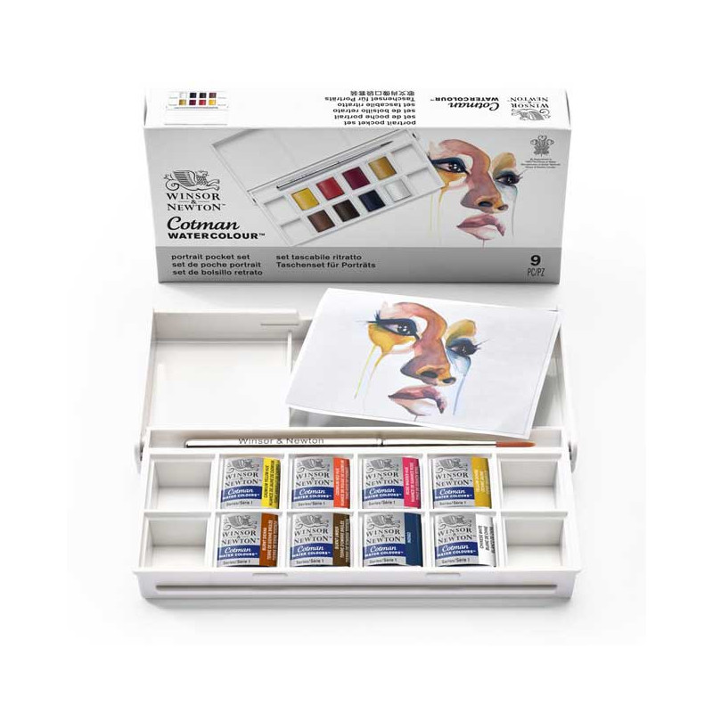 Voici le coffret de poche Portrait Cotman Watercolour. Il contient 8 demi-godets d'aquarelles soigneusement sélectionnées par de