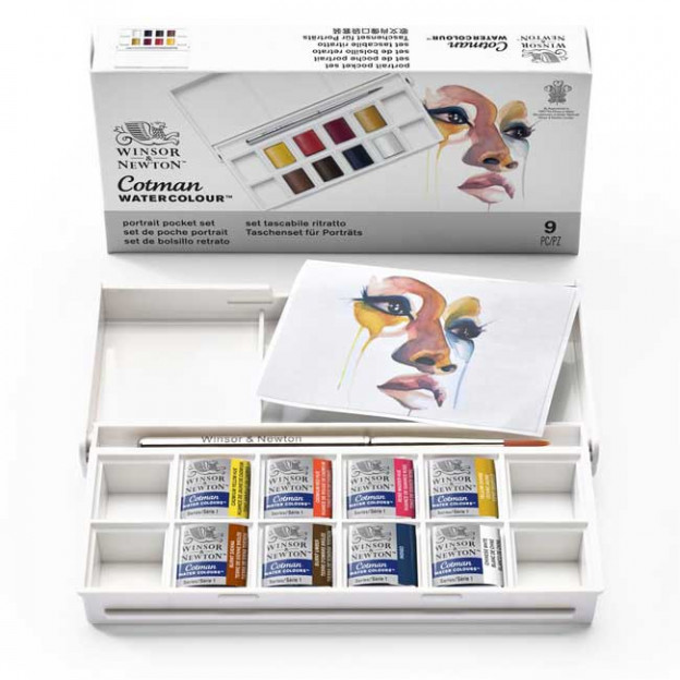 Voici le coffret de poche Portrait Cotman Watercolour. Il contient 8 demi-godets d'aquarelles soigneusement sélectionnées par de