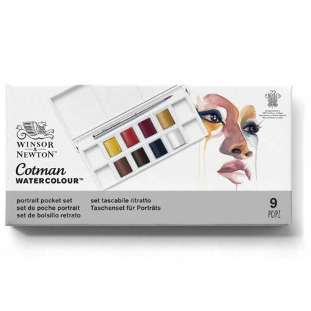 Voici le coffret de poche Portrait Cotman Watercolour. Il contient 8 demi-godets d'aquarelles soigneusement sélectionnées par de