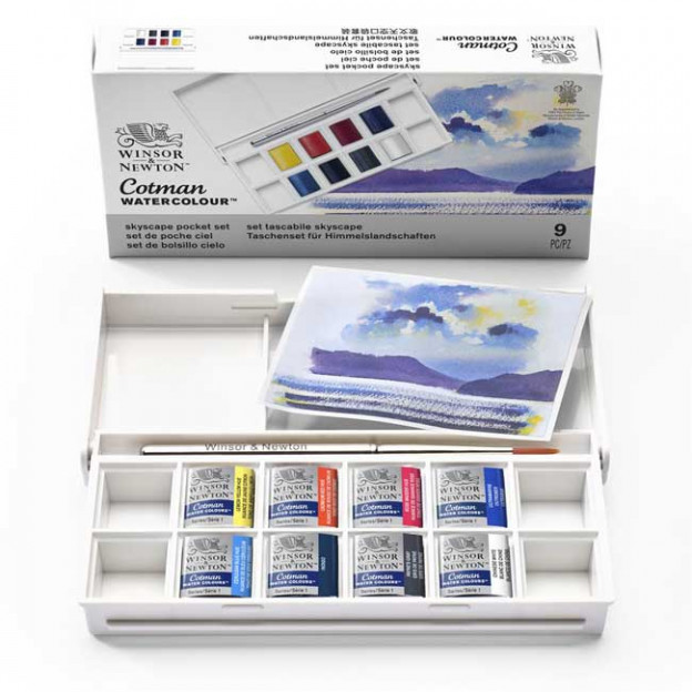 Voici le coffret de poche Skyscape "Ciels" Cotman Watercolour. Il contient 8 demi-godets d'aquarelles soigneusement sélectionnée