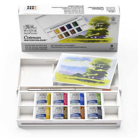 Voici le coffret de poche Landscape "Paysage" Cotman Watercolour. Il contient 8 demi-godets d'aquarelles soigneusement sélection