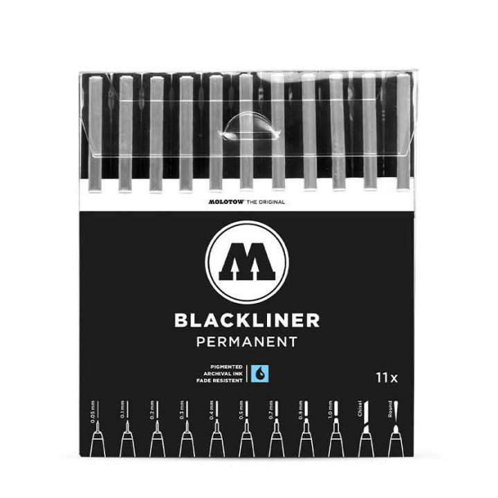 <STRONG>Pochette Molotow</STRONG> avec pas moins de 11 <STRONG>feutres Blackliner</STRONG> à mines calibrées ! Les mines sont pr