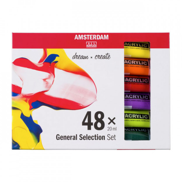 48 tubes de <STRONG>peinture acrylique Amsterdam</STRONG> aux coloris brillantes et pures, toutes fabriquées avec un grand savoi