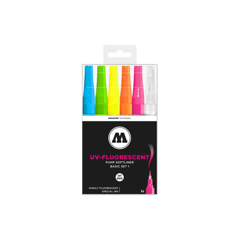 Ce set regroupe 6 <STRONG>feutres pinceau</STRONG> de la gamme <STRONG>UV Florescent Molotow</STRONG>, qui s’articule autour d’u