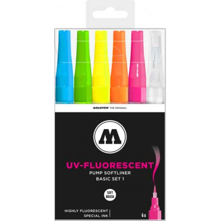 Ce set regroupe 6 <STRONG>feutres pinceau</STRONG> de la gamme <STRONG>UV Florescent Molotow</STRONG>, qui s’articule autour d’u