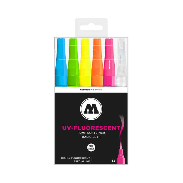 Ce set regroupe 6 <STRONG>feutres pinceau</STRONG> de la gamme <STRONG>UV Florescent Molotow</STRONG>, qui s’articule autour d’u