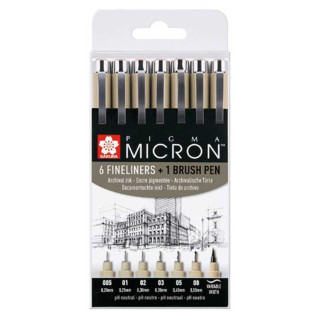 Cette <STRONG>pochette</STRONG> se compose de <STRONG>6 feutres Pigma Micron Sakura + 1 feutre Brush</STRONG>. Les pointes sont 