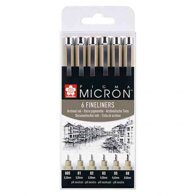 Cette pochette se compose de 6 feutres Pigma Micron Sakura à pointes calibrées pour les travaux de précision, comme les arts gra Cette pochette se compose de 6 feutres Pigma Micron Sakura à pointes calibrées pour les travaux de précision, comme les arts gra