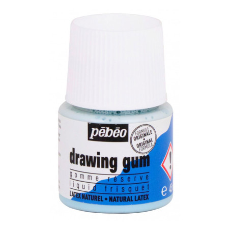 Gomme à dessiner Pébéo (drawing gum) pelliculable pour travaux de réserve à l'aquarelle. On l'applique au pinceau avant de passe