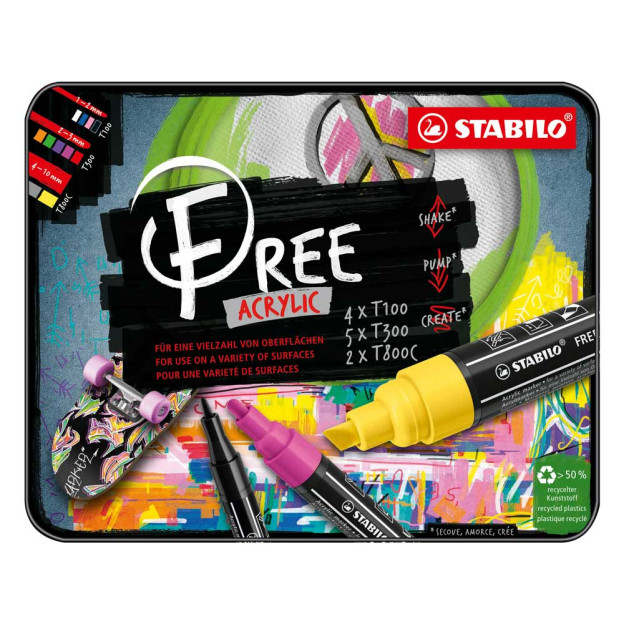 Les <STRONG>marqueurs acrylique STABILO FREE</STRONG> permettent de <STRONG>dessiner</STRONG>, <STRONG>colorier</STRONG> et <STR