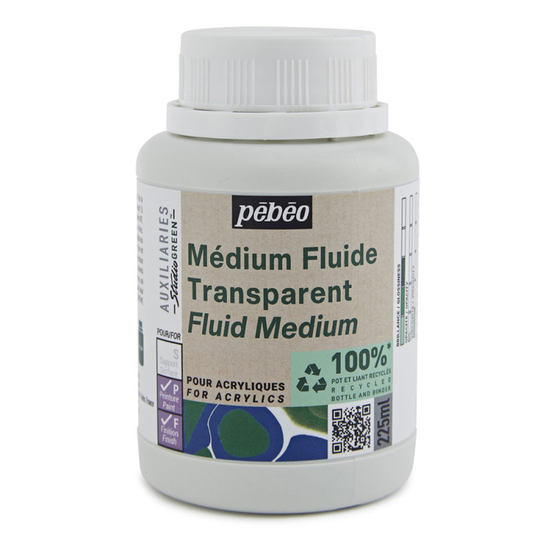 Le <STRONG>médium fluide Studio GREEN Pébéo</STRONG> permet d'augmenter la transparence et la fluidité des couleurs acryliques. 