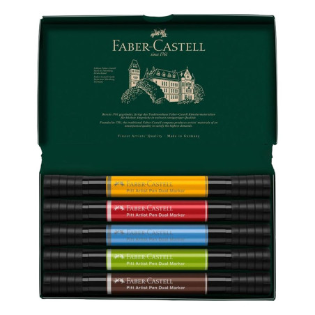 Découvrez la boite de <STRONG>5 feutres Pitt Artist Pen Dual Marker Faber Castell</STRONG> composée des couleurs jaune de chrome