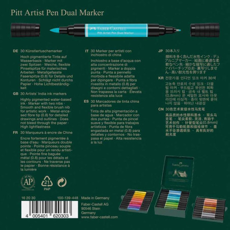 Découvrez le coffret de <STRONG>30 feutres Pitt Artist Pen Dual Marker Faber Castell</STRONG> aux couleurs vives et éclatantes. 