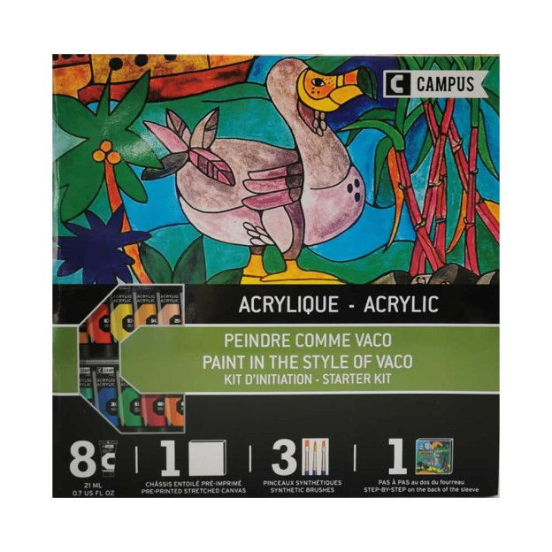 Découvrez le kit Campus acrylique « Peindre comme Vaco », un set d’initiation à la peinture acrylique comprenant 8 tubes de 21 m