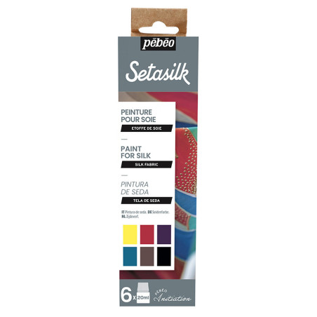 Découvrez le set d’initiation à la peinture sur soie Setasilk Pébéo composé de 6 flacons de 20ml aux couleurs lumineuses.