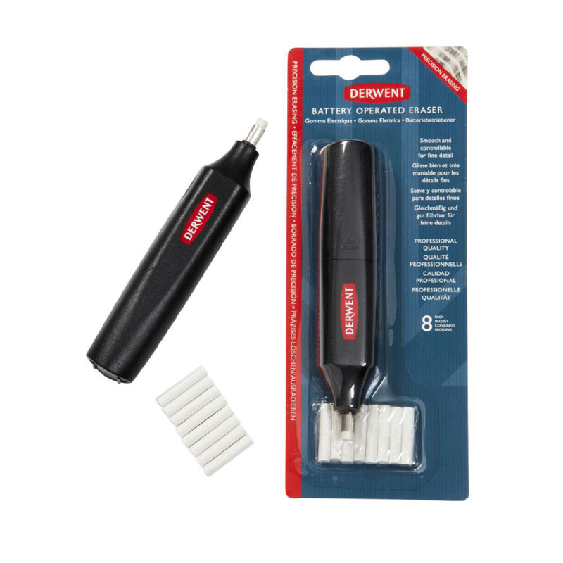 Découvrez la gomme électrique Derwent, une gomme permettant un effaçage précis et efficace sur vos dessins aux crayons graphites