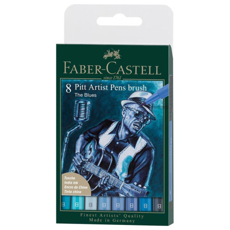Découvrez la pochette de 8 feutres Pitt Artist Pen Brush Faber Castell "The Blues" pour le dessin à l'encre de Chine en différen