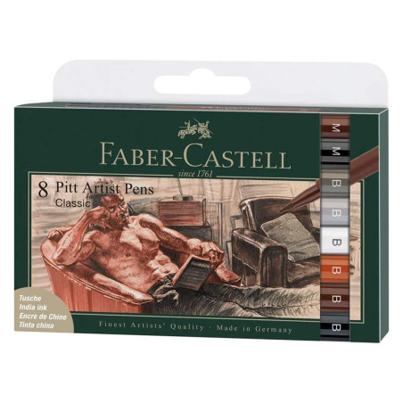 Découvrez la pochette de 8 feutres Pitt Artist Pen Faber Castell "Classique" comprenant des feutres aux teintes naturelles en po