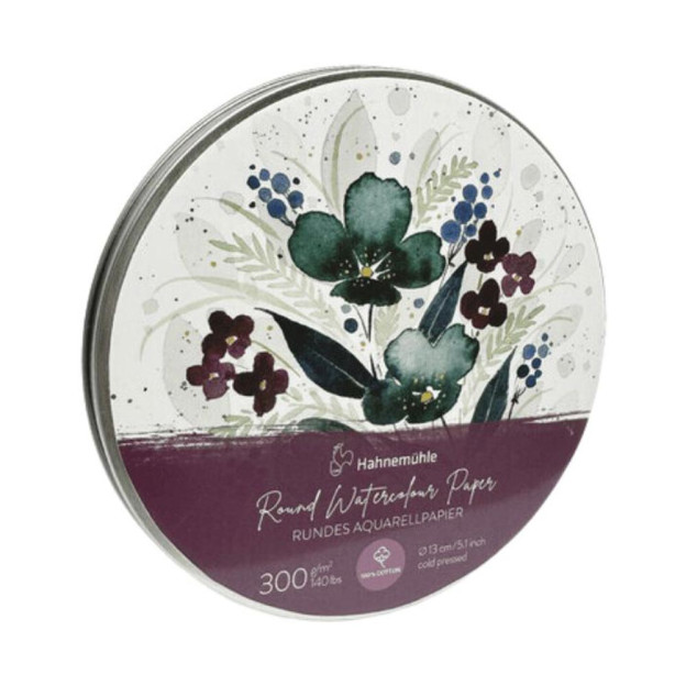 Découvrez le papier aquarelle rond Expression Hahnemühle conditionné dans une boîte en métal comportant 30 feuilles 300g/m².