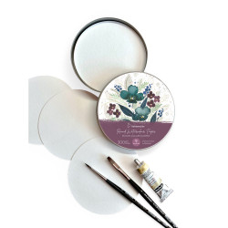 Découvrez le papier aquarelle rond Expression Hahnemühle conditionné dans une boîte en métal comportant 30 feuilles 300g/m².