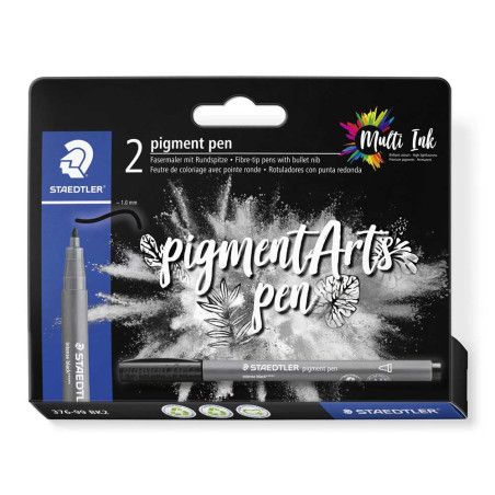 Découvrez le set de 2 feutres Pigment Pen 376 Staedtler, un feutre à encre de Chine noire avec une pointe ronde de 1 mm.
