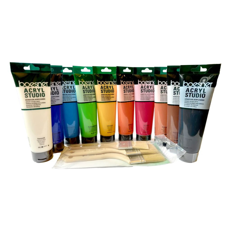 Découvrez le kit Sandrot, un pack comprenant 10 tubes de peinture acrylique Acryl Studio Boesner et 1 set de spalters.