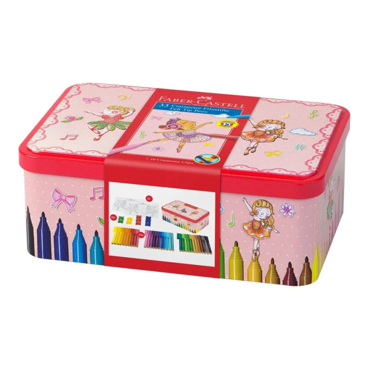 Découvrez la boîte en métal « Box Ballerine » feutres de coloriage Connector Faber Castell comprenant 20 feutres aux couleurs éc