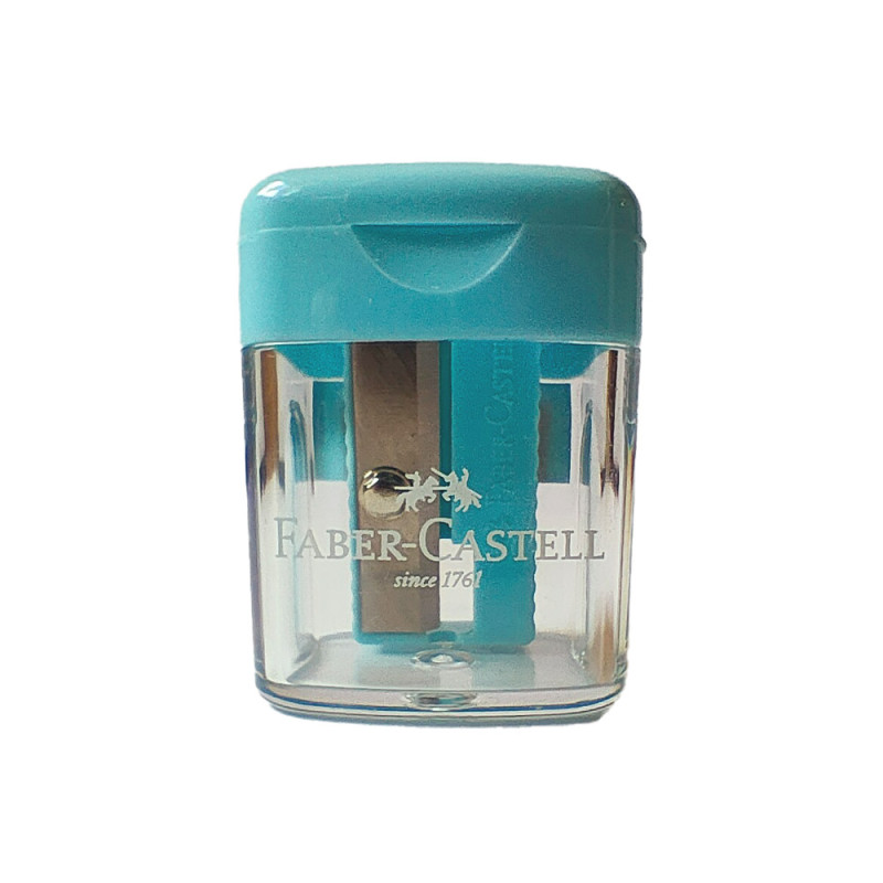 Mini taille-crayon avec couvercle et réservoir transparent Faber Castell. Disponible en quatre couleurs : bleu, rose, vert et vi