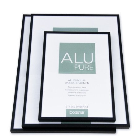 Découvrez les cadres avec verre en aluminium Boesner, finition noir mat, disponibles en différents formats. Parfait pour mettre 