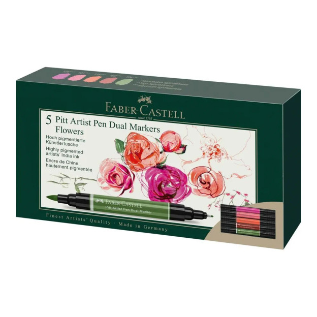 Découvrez la boite de <STRONG>5 feutres Pitt Artist Pen Dual Marker Faber Castell </STRONG>édition <STRONG>Flowers</STRONG> comp