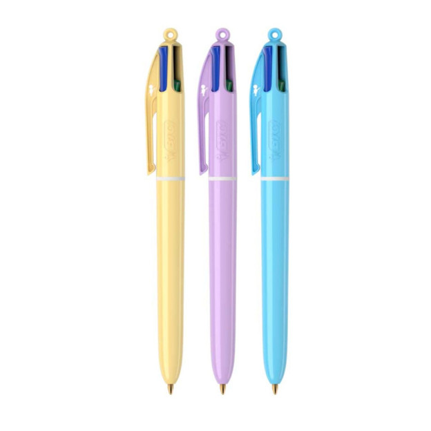 Découvrez les stylos bille 4 couleurs BIC, avec encres bleue, rouge, verte et noire, disponibles en corps couleur pastel. Parfai