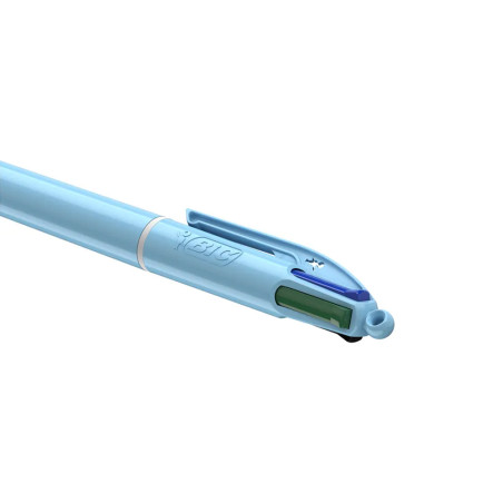 Découvrez les stylos bille 4 couleurs BIC, avec encres bleue, rouge, verte et noire, disponibles en corps couleur pastel. Parfai