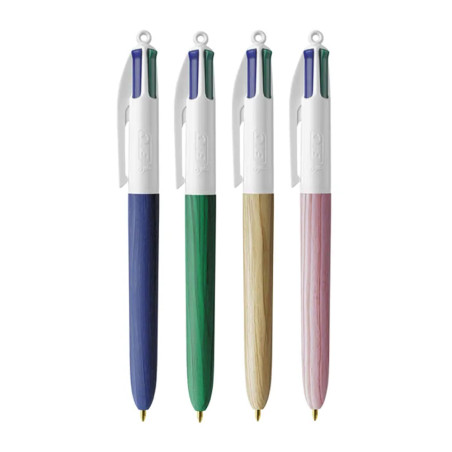 Découvrez les stylos bille 4 couleurs BIC disponibles en corps effet bois couleur nature, bleu, vert ou rose. Les encres sont de