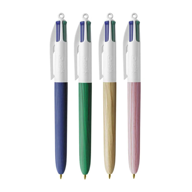 Découvrez les stylos bille 4 couleurs BIC disponibles en corps effet bois couleur nature, bleu, vert ou rose. Les encres sont de