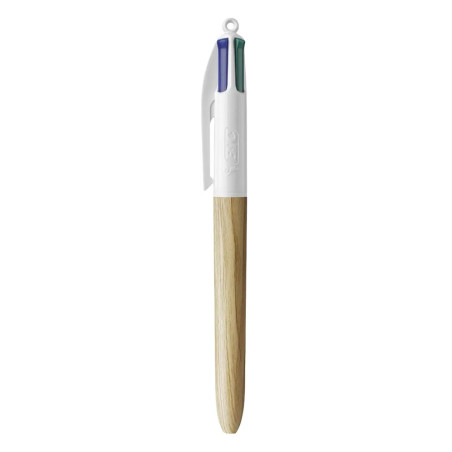 Découvrez les stylos bille 4 couleurs BIC disponibles en corps effet bois couleur nature, bleu, vert ou rose. Les encres sont de