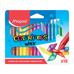 Découvrez la boîte de 18 crayons de cire Color’Peps Maped, pour enfant, les couleurs sont lumineuses et intenses, idéal pour le 