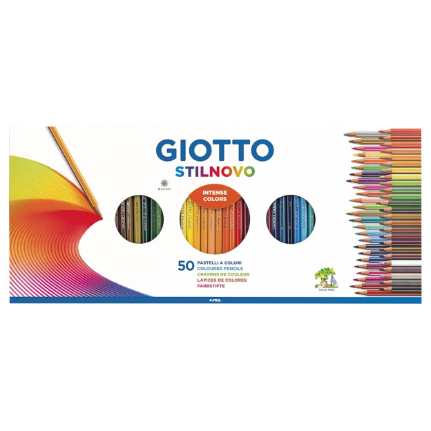 Découvrez le coffret de 50 crayons de couleur GIOTTO Stilnovo comprenant 44 couleurs classiques, 4 couleurs fluos et 2 couleurs 