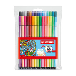Découvrez les pochettes plastiques de feutres Pen 68 STABILO disponibles en trois assortiments : 10, 15 ou 30 feutres.
