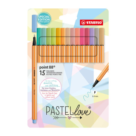 Découvrez la pochette de stylos-feutres STABILO Point 88 édition Pastellove composée de 15 feutres aux jolies couleurs pastel. T