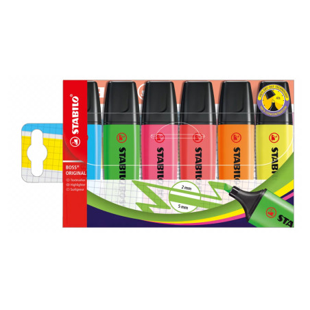 Découvrez la pochette de 6 surligneurs STABILO BOSS ORIGINAL, couleurs fluo, parfait pour les cours ou le bureau. L’étui contien