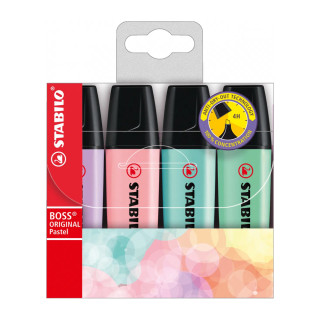 Découvrez la pochette de 4 surligneurs STABILO BOSS ORIGINAL, couleurs pastel, parfait pour les cours ou le bureau. L’étui conti