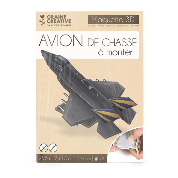 Découvrez la maquette 3D Avion de chasse de la marque Graine Créative, un avion militaire à assembler à partir de 34 pièces sans