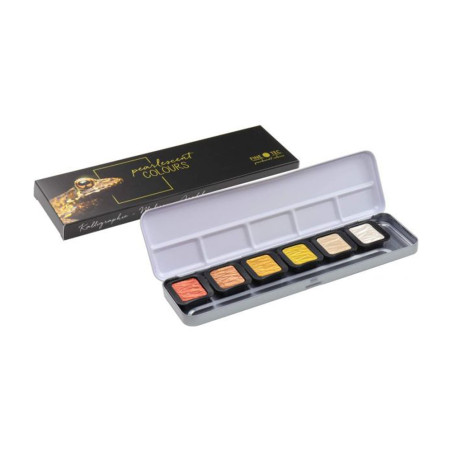 Découvrez le set de 6 peintures aquarelle nacrées FINETEC édition Metals proposé par la marque Royal Talens. Les couleurs sont p
