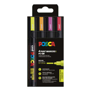 Découvrez le set de 4 marqueurs POSCA PC-5M aux couleurs fluos, des feutres peinture à base d’eau avec pointe conique pour la pr