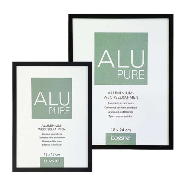 Découvrez les cadres avec verre en aluminium Boesner, finition noir mat, disponibles en différents formats. Parfait pour mettre 