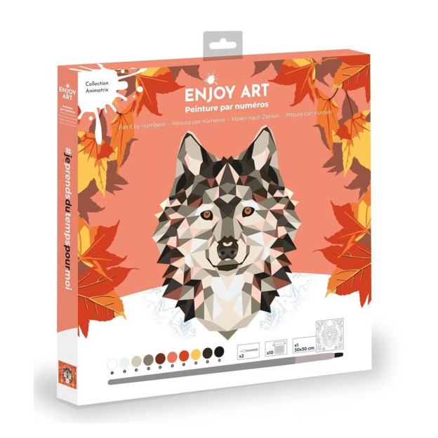 Découvrez le kit de peinture au numéro Loup de la marque Enjoy Art, un coffret complet comprenant une toile pré-dessinée 30 x 30