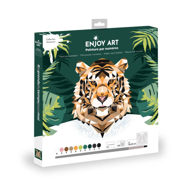 Découvrez le kit de peinture au numéro « Tigre » de la marque Enjoy Art, un coffret complet comprenant une toile pré-dessinée 30