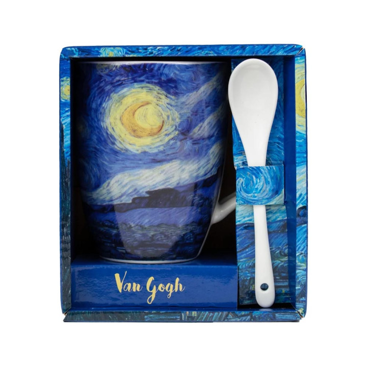 Découvrez le mug accompagné de sa cuillère représentant La Nuit Étoilée de Van Gogh, une tasse en céramique pour le thé ou le ca