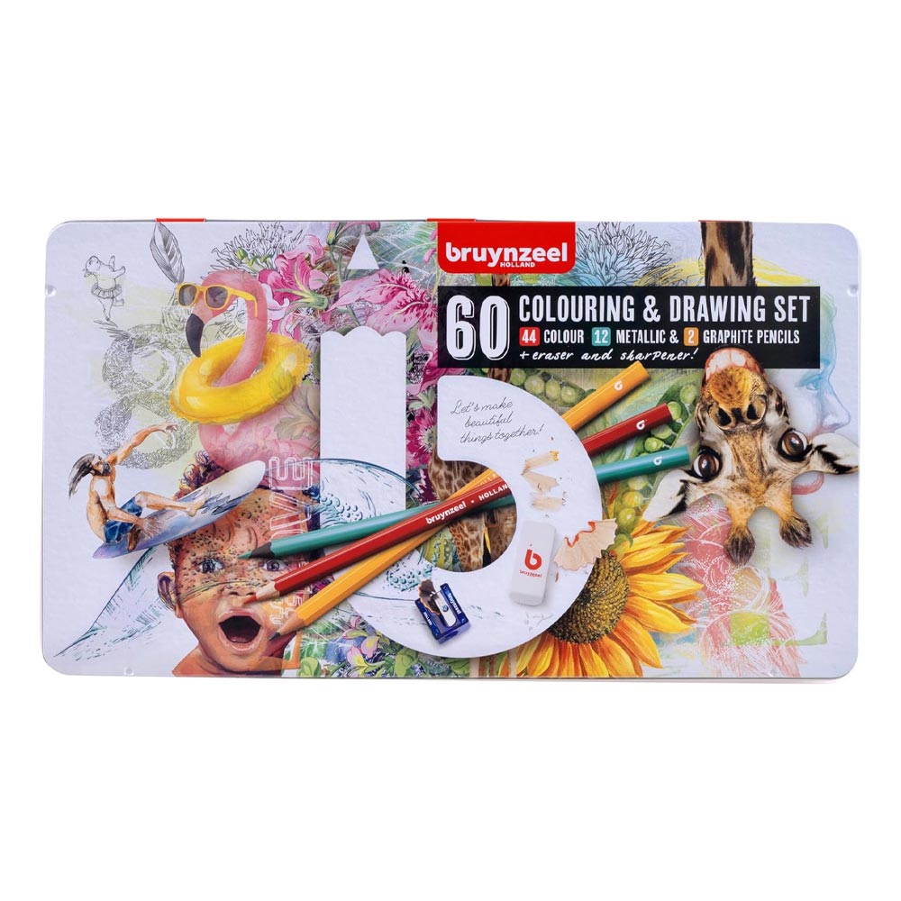 Boîte en métal de 60 crayons de couleur et accessoires dessin